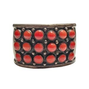 Vintage Navajo Red Mediterranean Coral Sterling Cuff Bracelet